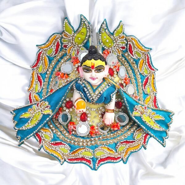 Handwork design - Light Yellow/Cream with teal blue premium Poshak for God Idols - Image 2