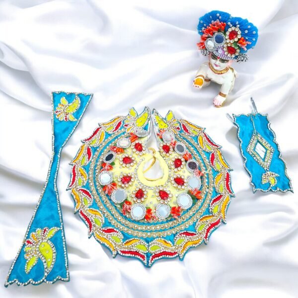 Handwork design - Light Yellow/Cream with teal blue premium Poshak for God Idols - Image 3