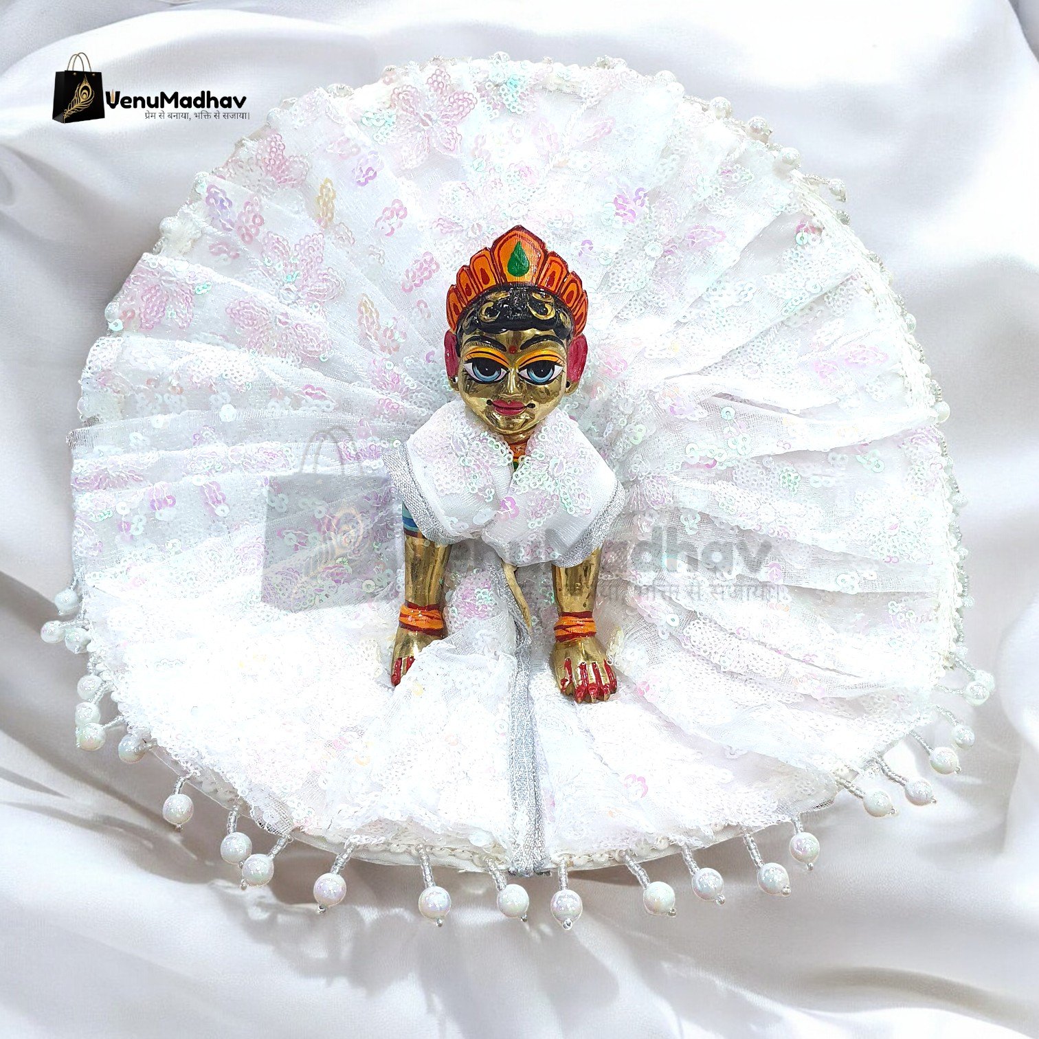 Soft White Designer Work Net Poshak with Pagdi for God Idols - Image 2