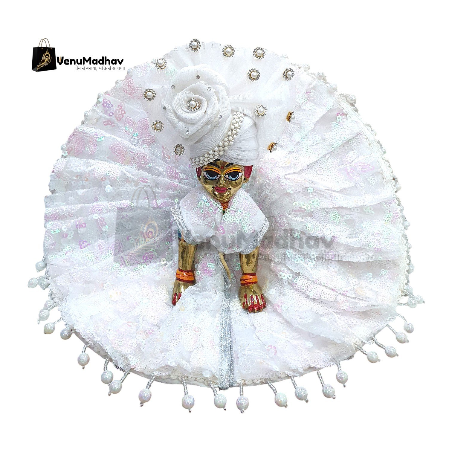 Soft White Designer Work Net Poshak with Pagdi for God Idols