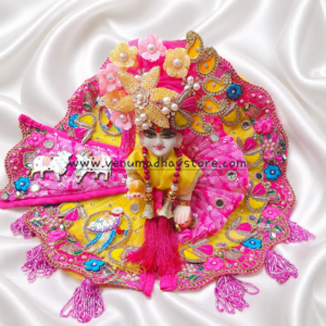 Lemon Yellow Hot Pink Elephant Lace with Cow and Parrot Heavy designer Poshak with Pagdi Patka