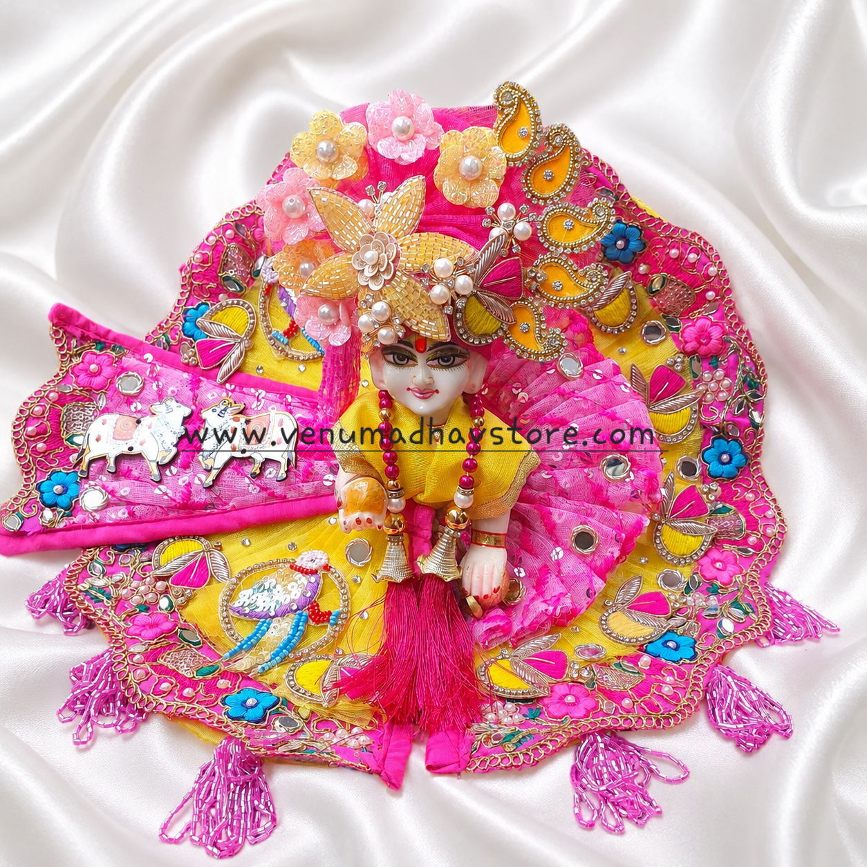 Lemon Yellow Hot Pink Elephant Lace with Cow and Parrot Heavy designer Poshak with Pagdi Patka