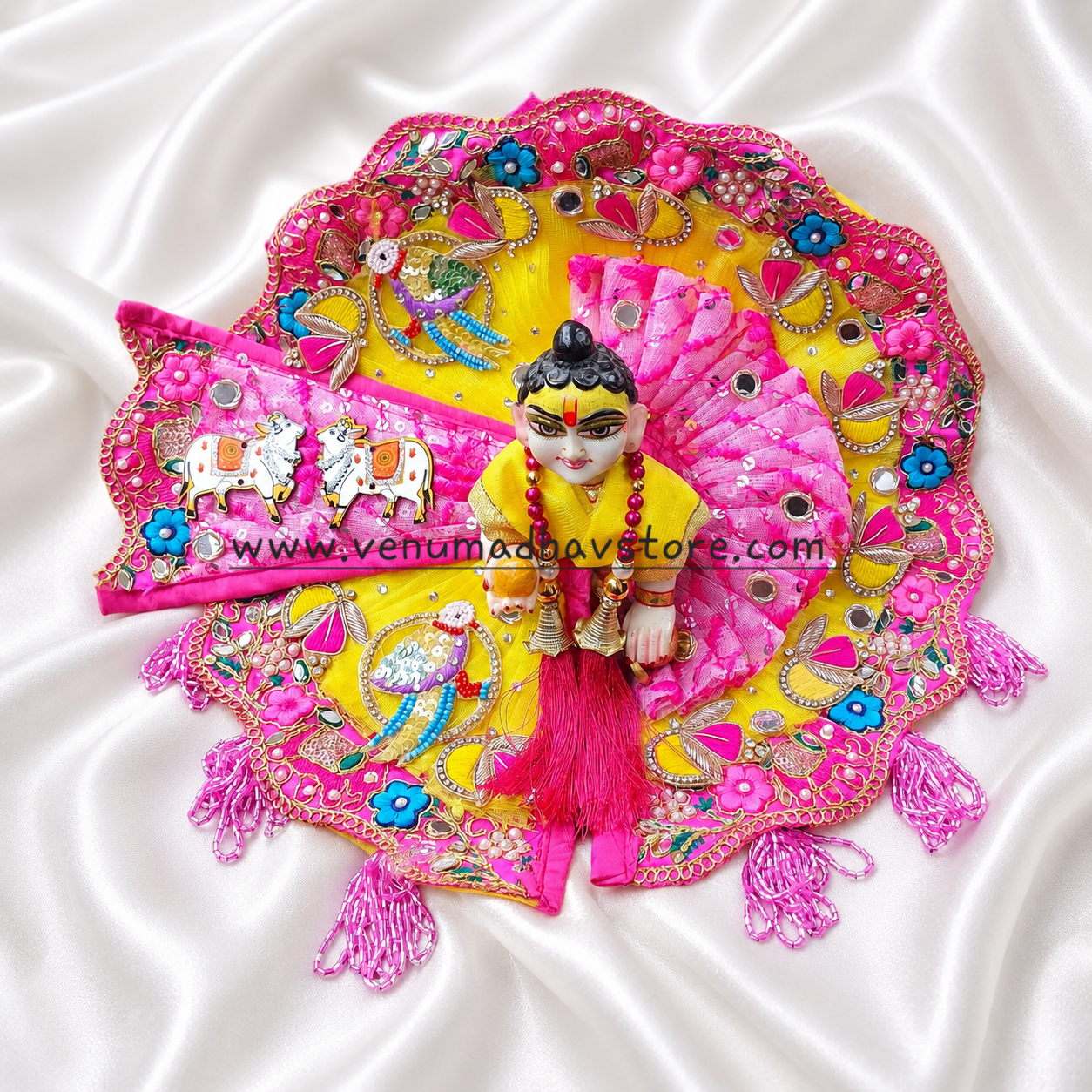 Lemon Yellow Hot Pink Elephant Lace with Cow and Parrot Heavy designer Poshak with Pagdi Patka - Image 2