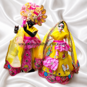 Lemon Yellow Hot Pink Elephant Lace with Cow and Parrot Heavy designer RK Poshak with Pagdi & Dupatta